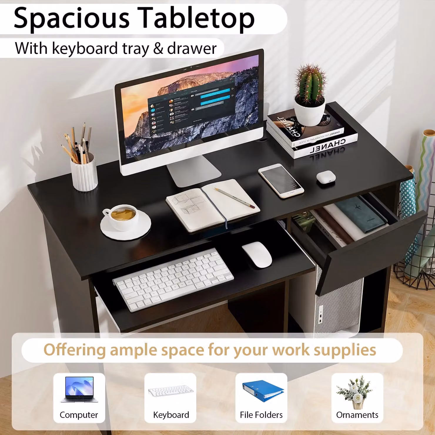 Costway Modern Black Wooden Computer Desk with Pull-out Keyboard Tray and Grommet – 5