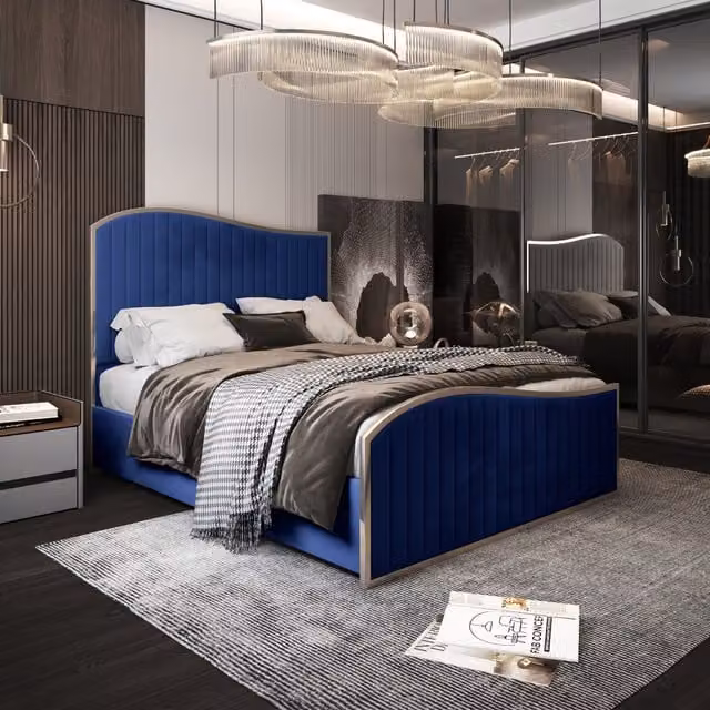 Darlington Blue Velvet Upholstered Metal Bed Frame, W/D/H: 90 x 200 cm