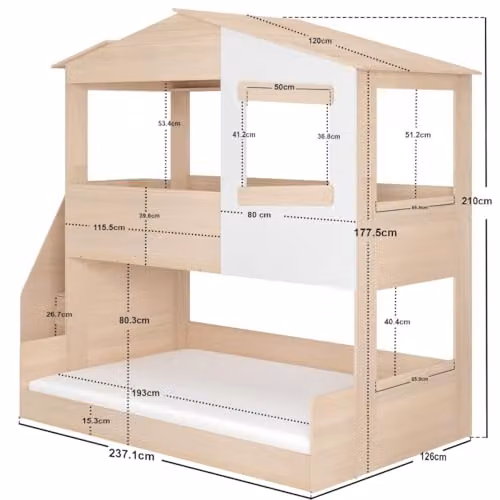 Flair Furnishings Dreamland House Triple Bunk Bed with Staircase and Drawers in Oak and White, W/D/H: 200 x 120 x 237.1 cm – 2