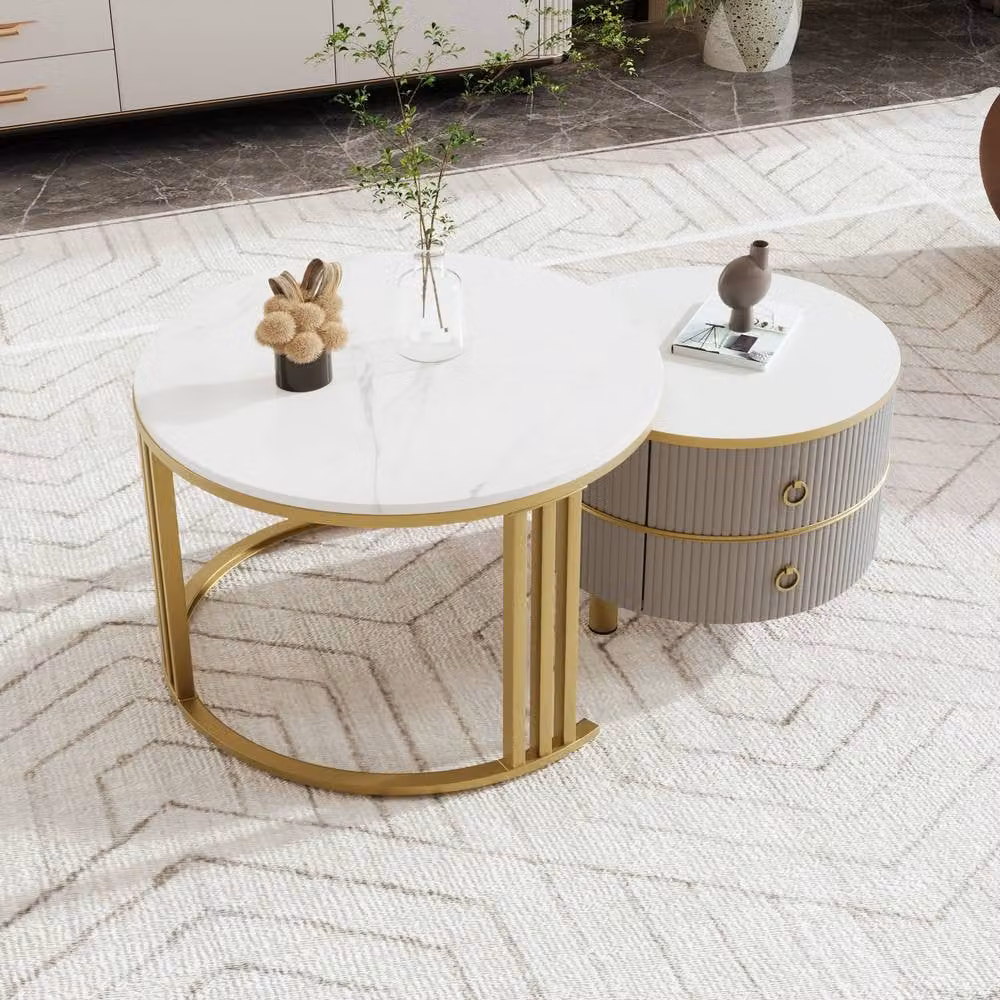 BTM 2-in-1 Round Coffee Table Set with Glossy Marble Top and 2 Drawers in Grey and White – 2