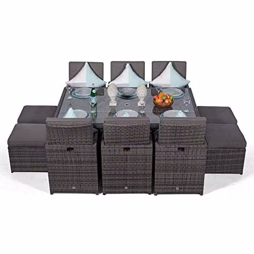 Giardino Rattan Cube Garden Dining Set in Grey and Brown with Table, Chairs, 4 Stools, Parasol and Cover, W: 182 cm, D: 120 cm – 3