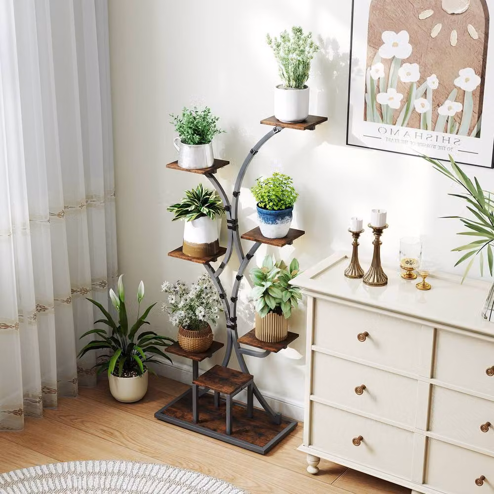 Gymax 8-Tier Metal Indoor Plant Stand with Grow Lights in Brown – 5