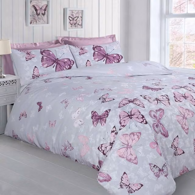 Velosso Reversible Floral Butterfly Duvet Cover and Pillowcase Set, Grey, W: 140 cm, L: 200 cm