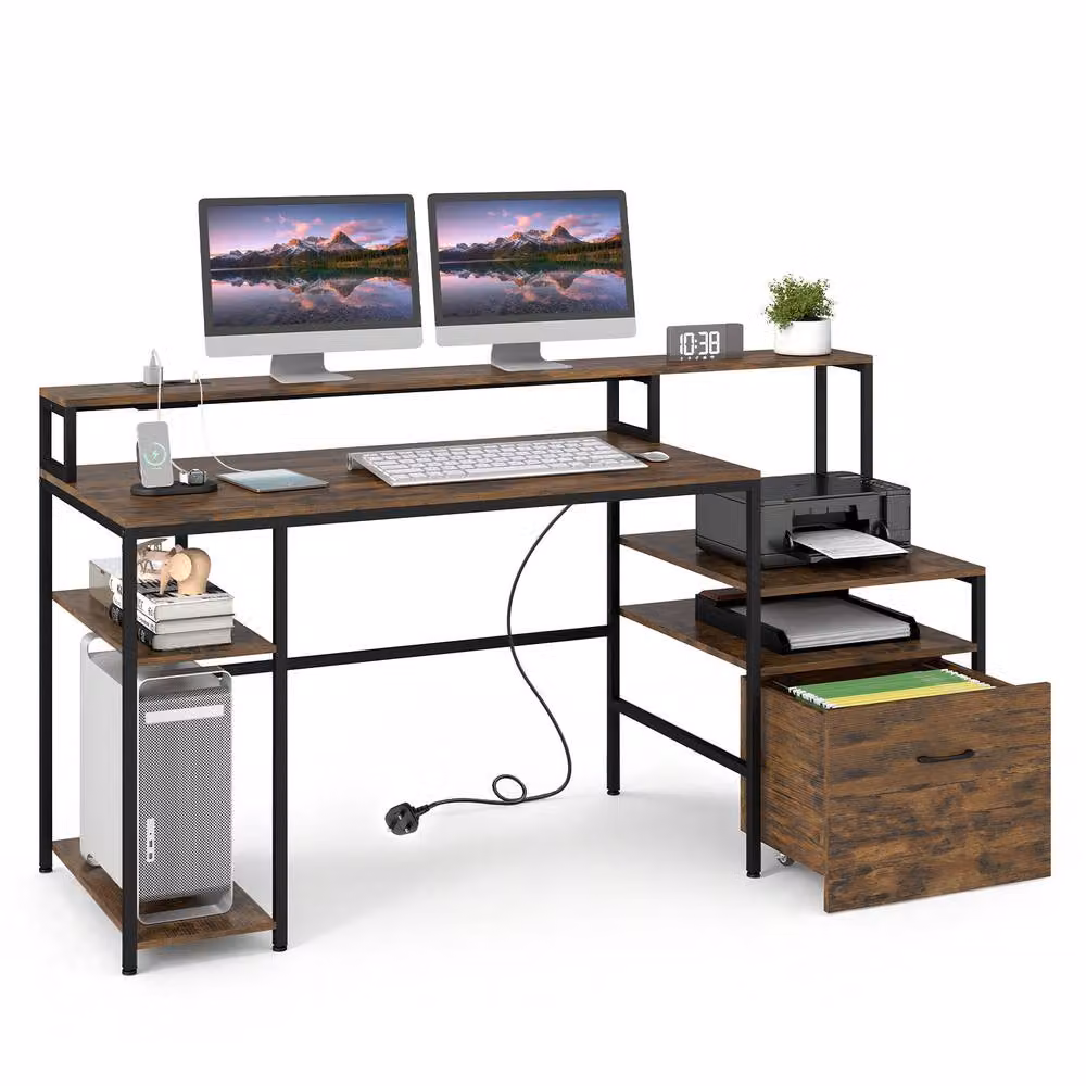 Gymax Brown Industrial Computer Desk with Multi-tiered Serving Tiers and Charging Station – 5