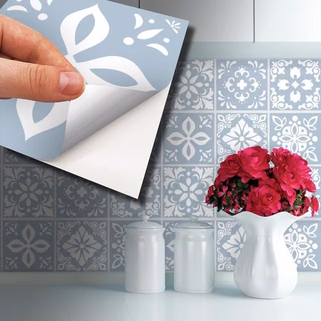 Walplus Adhesive Floral Wall Tile Stickers in Blue and White, 15 x 15 cm, 24 Pack