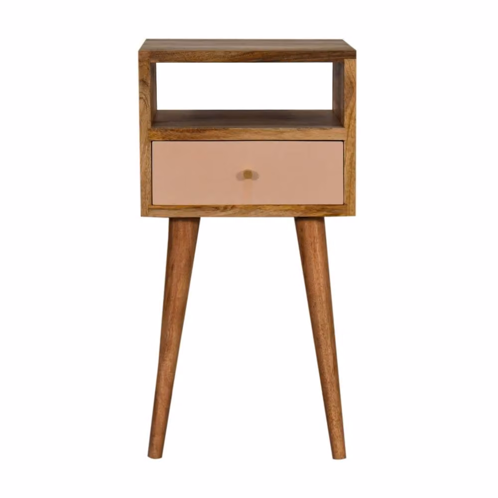 Wyld Haus Sainte Marie Mini Blush Bedside Table in Brown and Pink, Hand Painted Mango Wood with Drawer and Open Shelf – 2