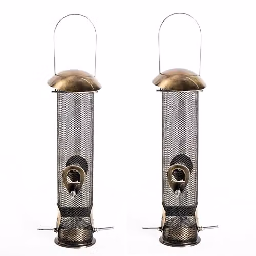 Happy Beaks Supreme Bird Feeder Collection, Antique Brass Zinc Alloy Metal Hanging Garden Feeders for Seed, Peanut and Mealworms, Set of 3