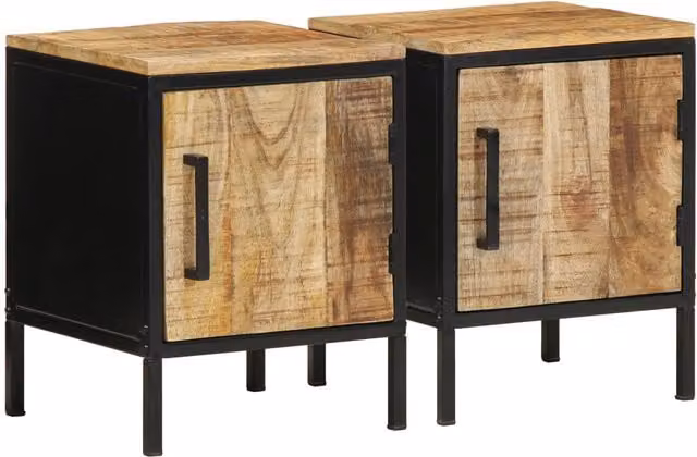 Berkfield Home Set of 2 Rustic Mango Wood and Metal Bedside Cabinets in Brown and Black – 1