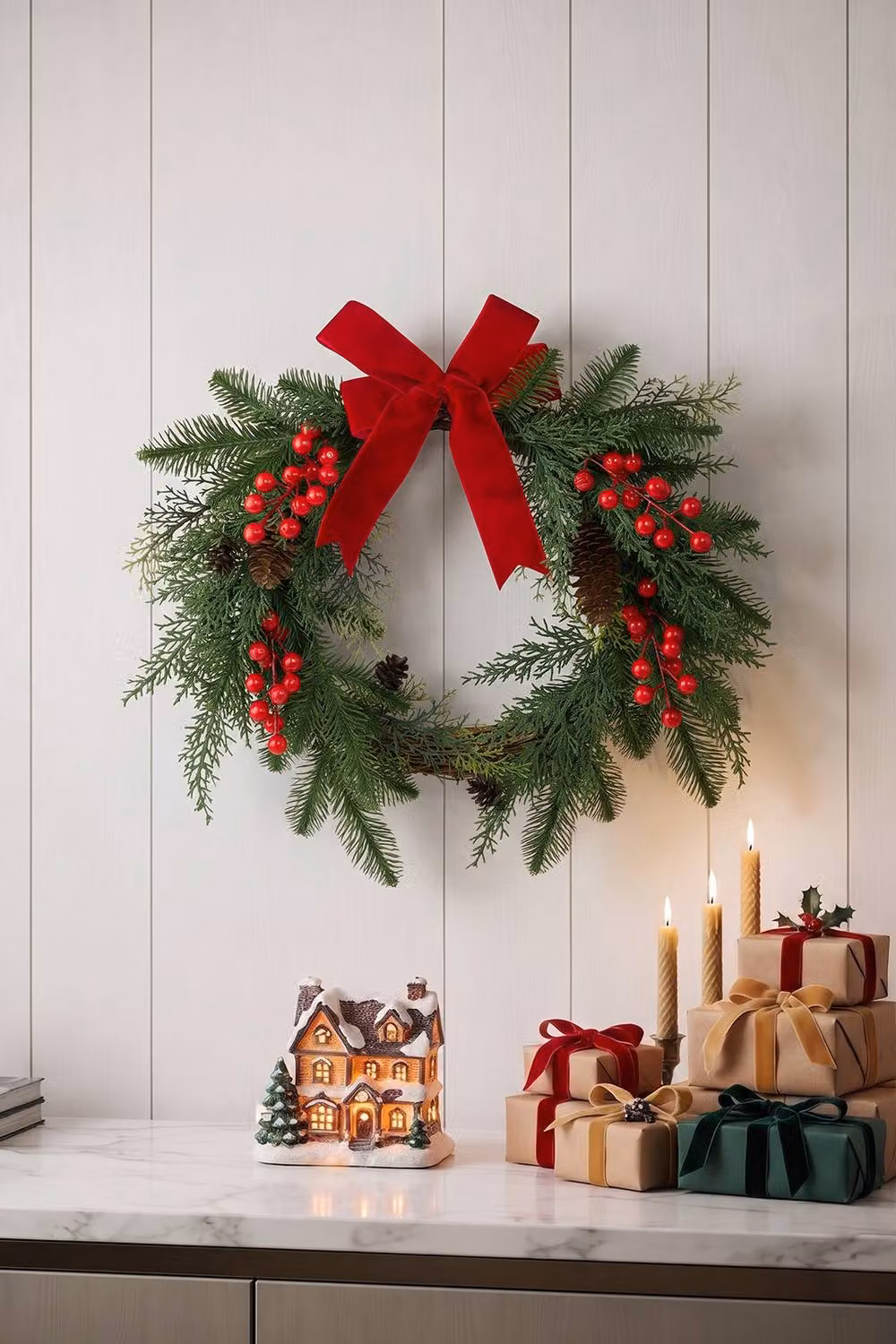 Living and Home Classic Round Artificial Christmas Wreath in Green and Red – 2