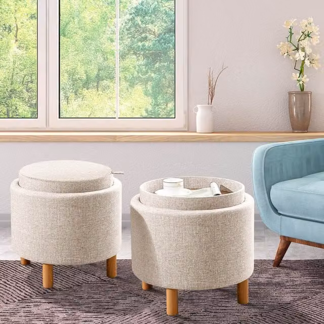 COSTWAY Round Cylindrical Storage Ottoman Footrest in Beige with Fabric Upholstery and Pine Wood Frame