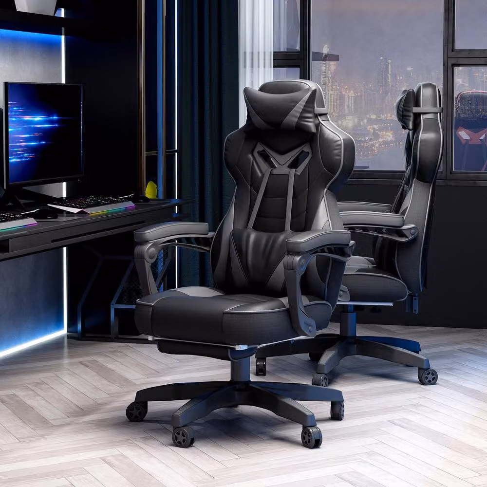 ERGOVEXA Grey and Black Synthetic Leather Computer Gaming Chair with Headrest and Armrests – 4