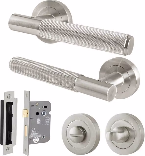 AFIT Satin Nickel Bathroom Door Handle with WC Lock and 64mm Rose in Silver, W/D/H: 15 x 15 x 2 cm – 1
