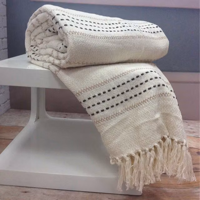 Rapport Home Stitch Stripe Woven Cotton Throw with Fringes, Yellow and White, W/D: 254 x 254 cm