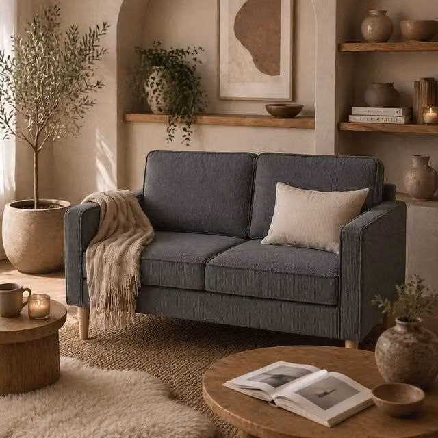 Wyld Haus Sono Vare Grey Corduroy 2 Seater Compact Sofa with Storage and Wooden Legs W/D/H: 117 x 79 x 46.5 cm