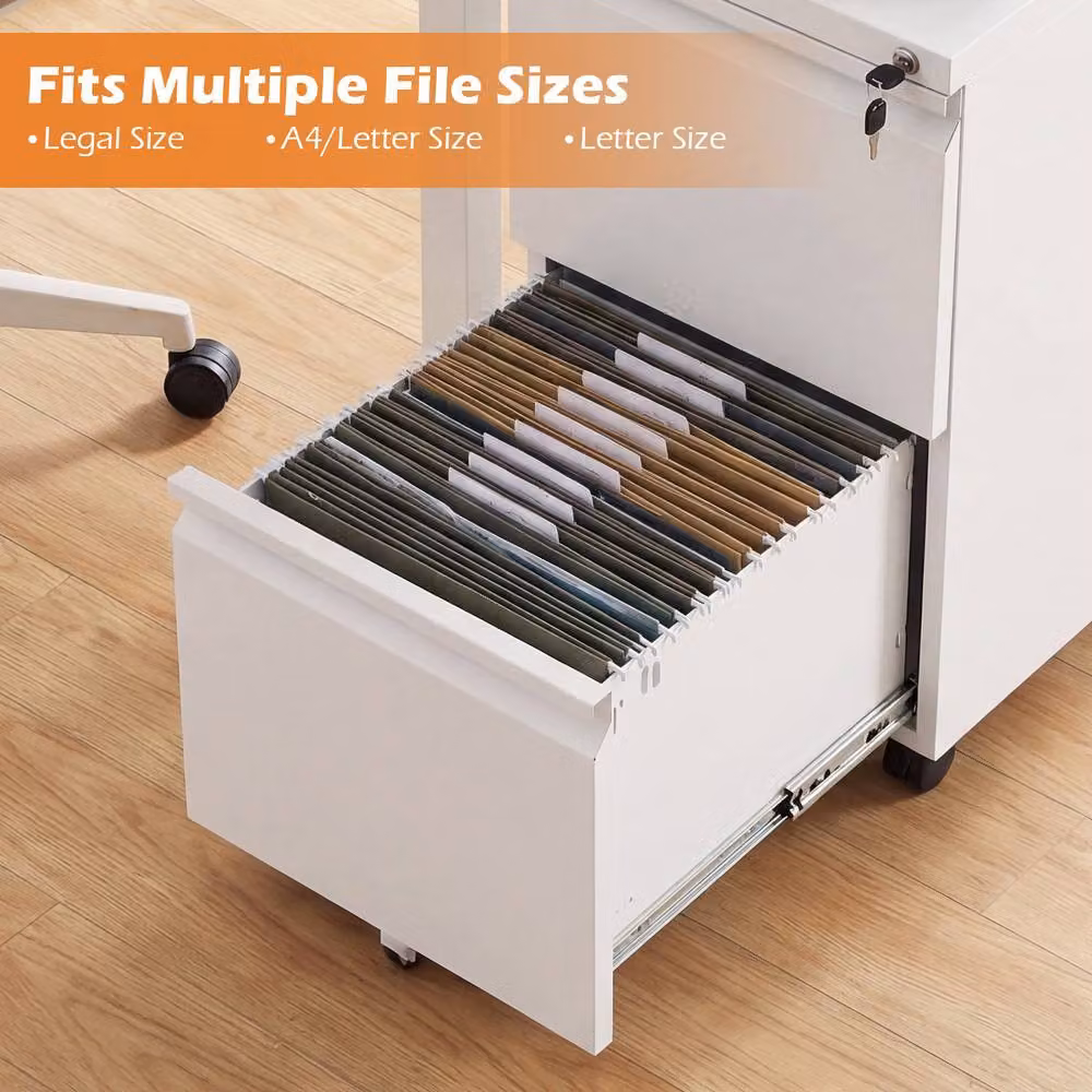 Costway 2-Drawer Mobile Metal Filing Cabinet with Lock and Castors in White – 4