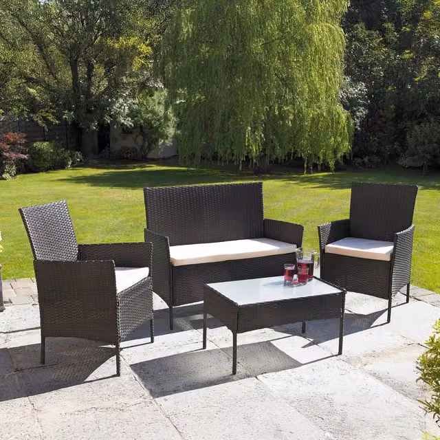 Neo Modern 4 Piece Rattan Outdoor Furniture Set with Glass Top in Brown and Black