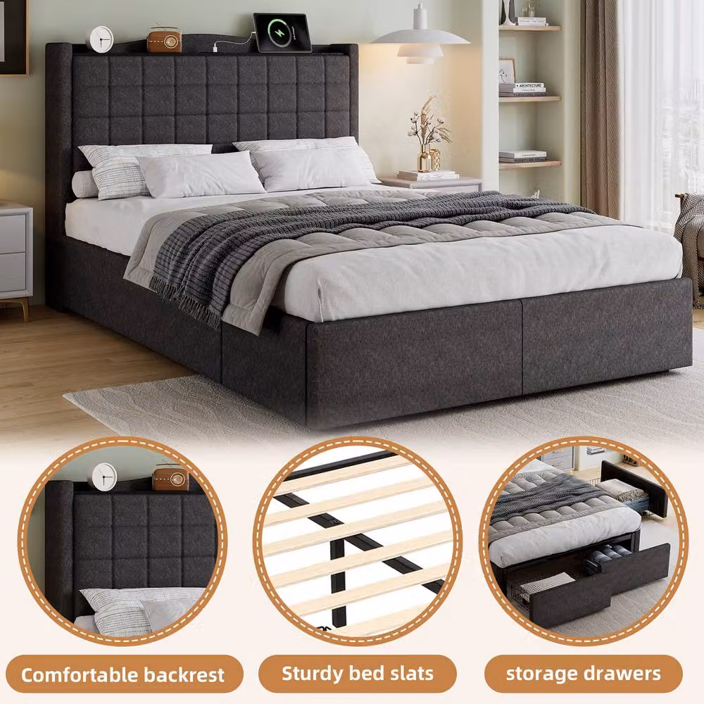 BTM Grey Upholstered Double Bed Frame with LED Lighting, Hydraulic Storage and USB Charging Ports, W/D/H: 140 x 200 cm – 4