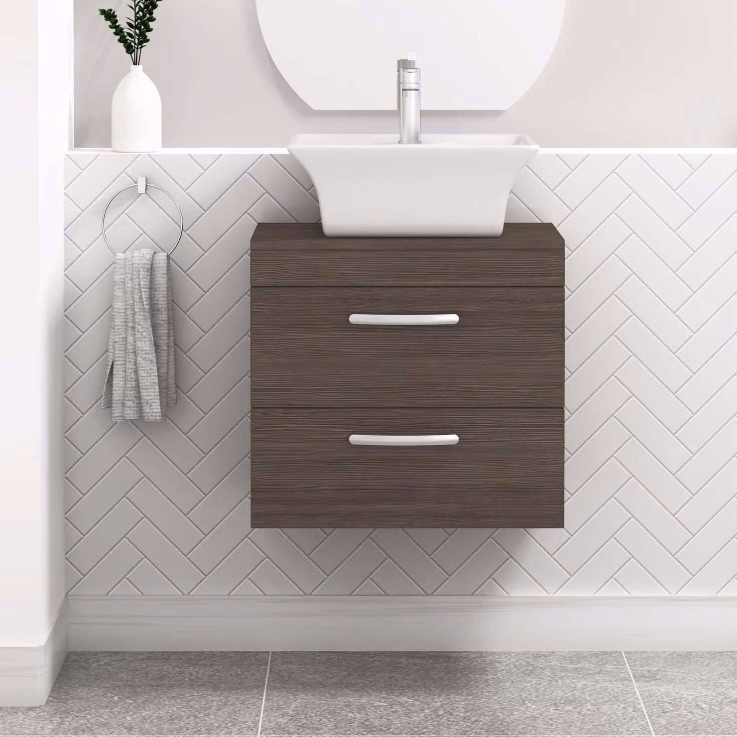 Royal Bathrooms Turin Wall Hung Vanity Unit with 2 Drawers, Grey Elm Matt Finish, Width: 60 cm