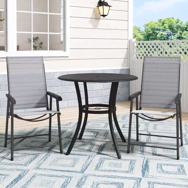 Breeins Black Metal Slatted Garden Table and 2 Foldable Chairs Set