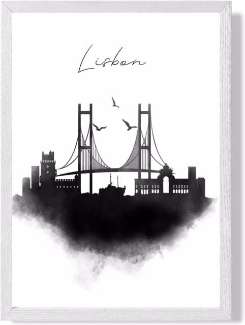 ARTZE Lisbon Watercolour Skyline City Framed Print, Black and White, A2