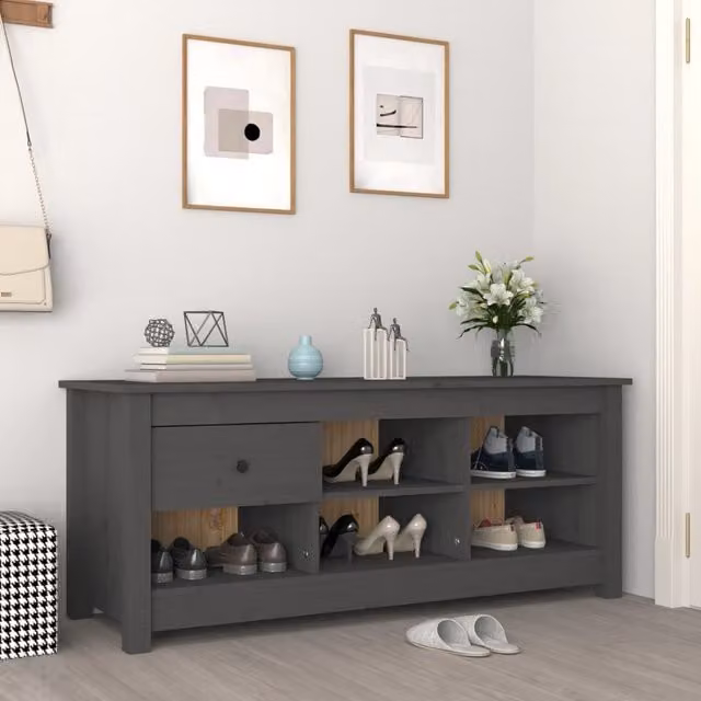 Berkfield Home Grey Rustic Solid Pine Shoe Cabinet W/D/H: 110 x 38 x 45.5 cm