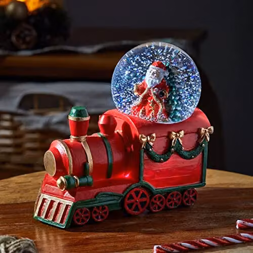 Three Kings Santa Claus Train Snow Globe Christmas Dome with Multi-coloured Flashing LED Lights, Length: 15.5 cm