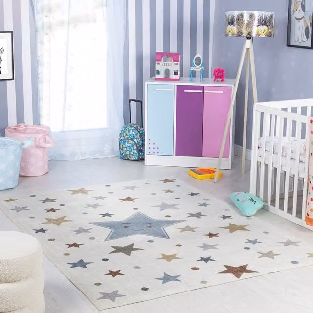 Livabliss Lilian Washable Kids Rug with Star Pattern in Blue, Grey, Beige, Yellow and Cream, W: 160 cm, D: 215 cm