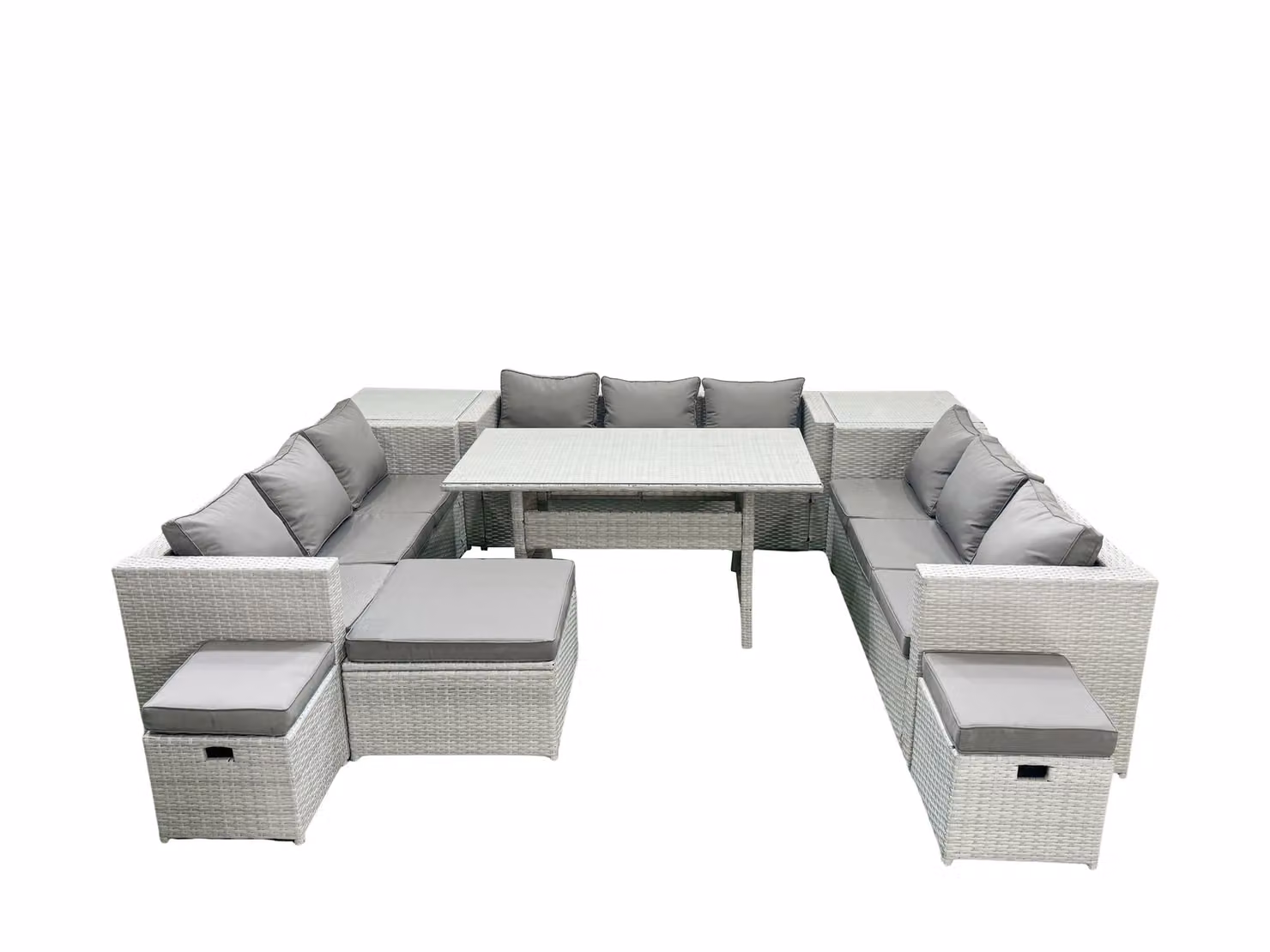 Fimous 12 Seater Rattan Garden Furniture Set with Rectangular Dining Table, 3 Footstools and 2 Side Tables in Light Grey – 2