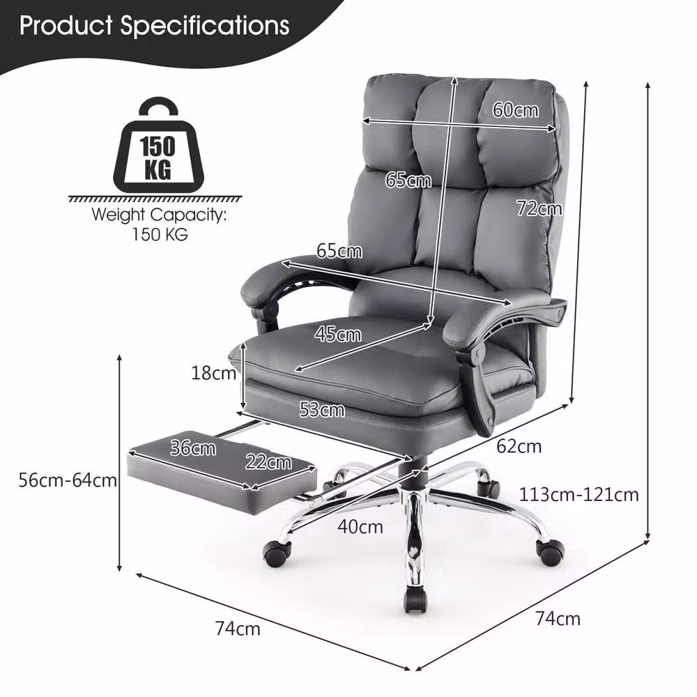 Costway Modern Grey Synthetic Leather Office Chair with Retractable Footrest and Headrest – 2