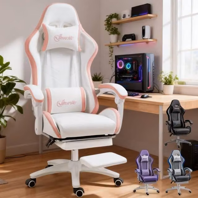 ERGOVEXA Computer Gaming Chair in Pink and White with Synthetic Leather and Headrest – 1