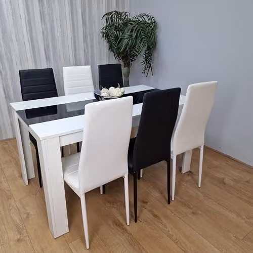 KOSY KOALA Modern Dining Table Set with 6 Black and White Faux Leather Chairs and Black Glass Top, W/D/H: 140 x 80 x 75 cm