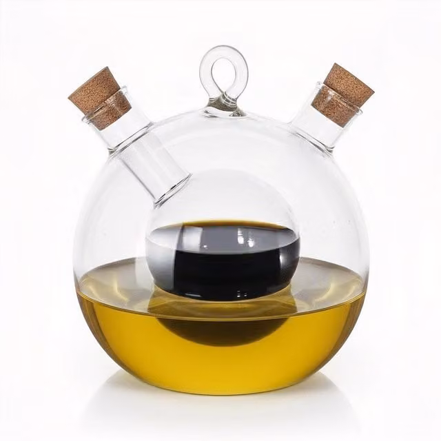 Geezy Dual Compartment Glass Oil and Vinegar Dispenser Bottle with Cork Lid, Transparent