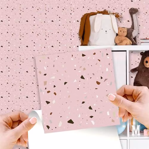WALPLUS Rose Pink and Metallic Silver Terrazzo Peel and Stick Self Adhesive Wall Tile Stickers, 24 Pack, W/H: 15 x 15 cm – 1