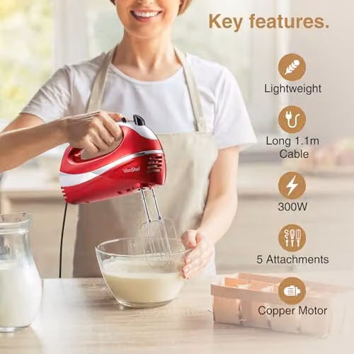 VonShef 300W Electric Hand Mixer in Red and Silver with 5 Speeds and Stainless Steel Attachments – 2