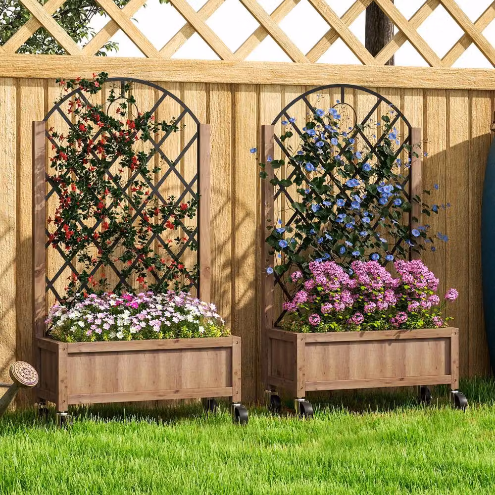 STILVORA Brown Wooden Raised Planter with Steel Trellis and Wheels – 7