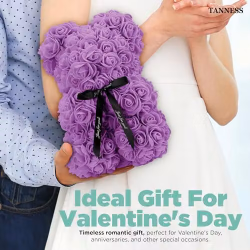 Tanness Purple Artificial Rose Bear with Transparent Gift Box and Black Ribbon, 25 cm – 3