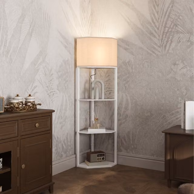HOMCOM Modern Corner Floor Lamp with 3 Shelves and Fabric Cylinder Shade in White