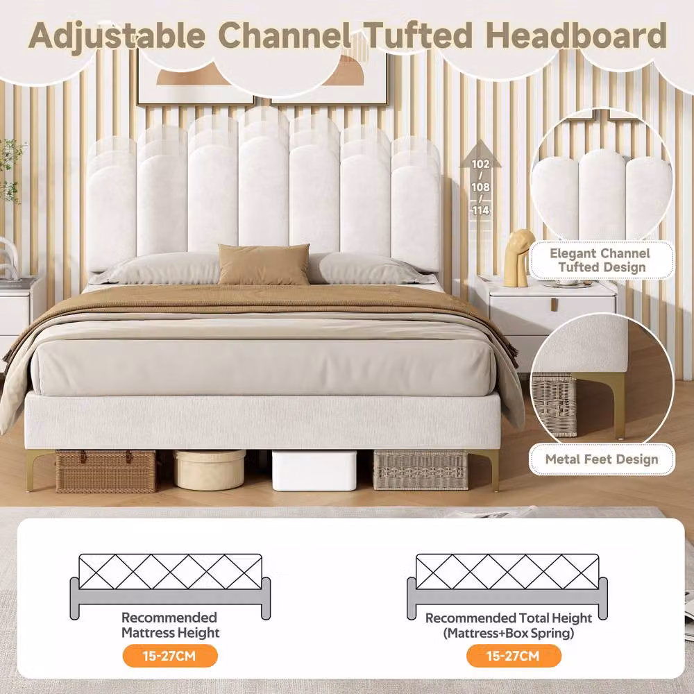 Rolipo Double Velvet Upholstered Bed Frame in Beige with Adjustable Headboard, W/D/H: 140 x 200 cm – 2