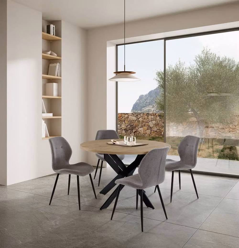 CALICOSY Round Folding Drop Leaf Table in Oak and Black Metal Finish, Diameter: 110 cm, Height: 75 cm – 2