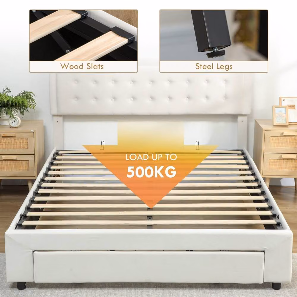 Wyld Haus Zina King Size Ottoman Bed Frame with Gas Lift Storage in Cream Velvet, W/D/H: 180 x 200 x 52 cm – 4