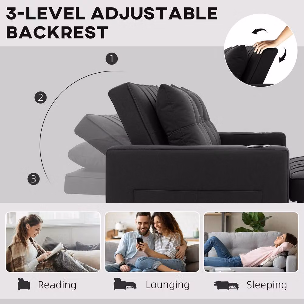 ERGOVEXA Two-Seater Pull-Out Sofa Bed in Black with Fabric Upholstery and Metal Frame – 5