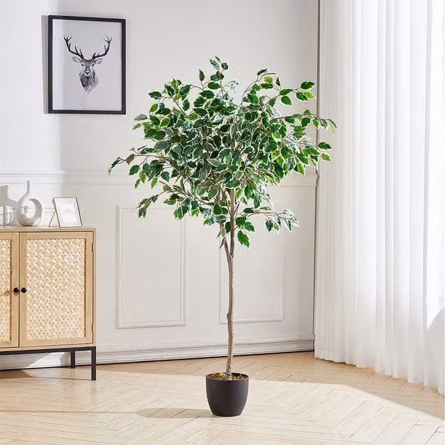Livingandhome Artificial Potted Tree in Black Plastic Pot, Green, Height: 180 cm
