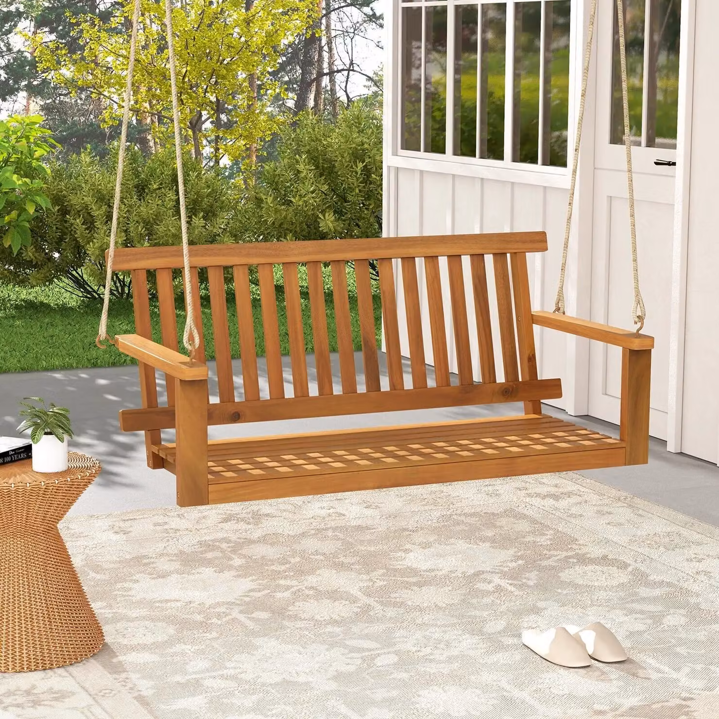 Costway Acacia Wood 2-Person Outdoor Porch Swing Hanging Chair with Backrest and Armrests in Natural Brown – 2
