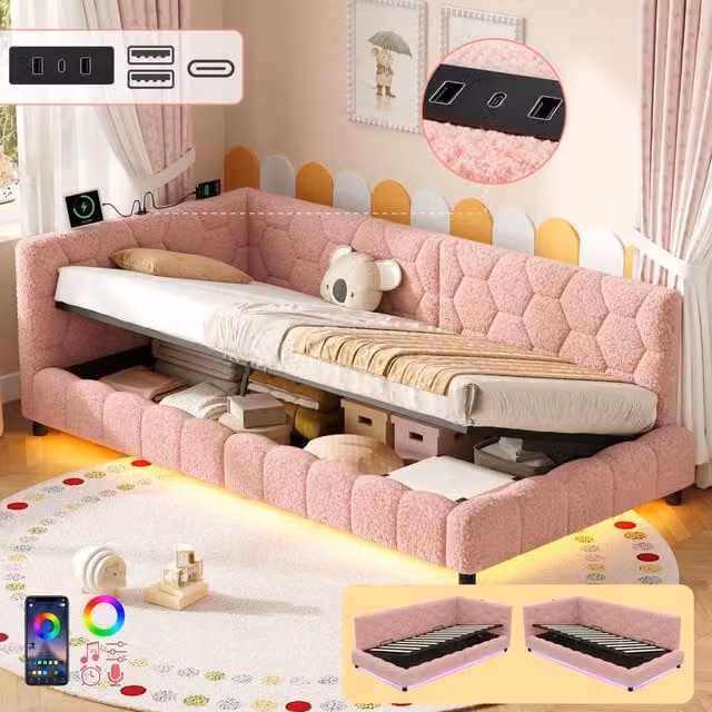 BTM Single Boucle Ottoman Bed in Pink with RGB LED Lighting and USB Charging Port, W/D/H: 90 x 190 cm – 1