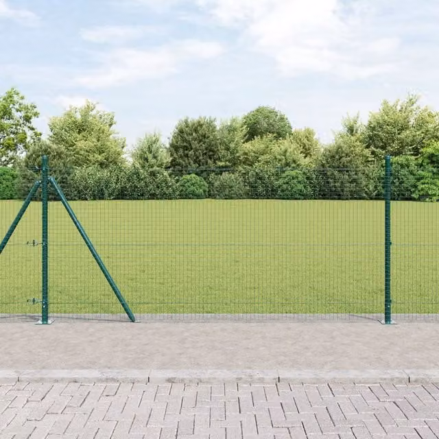 Berkfield Home Green Steel Welded Wire Fence with 7 Flanged Posts, W: 10 m, H: 0.8 m
