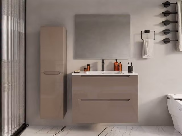 Vente-unique STEFANIE Wall-Hung Single Basin Vanity Unit and Tall Cabinet in Taupe, W: 80 cm – 1