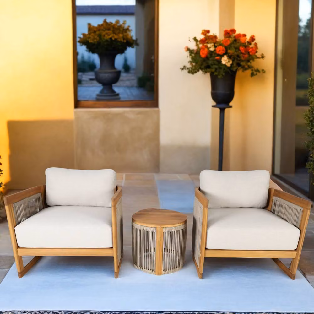 MIMO Solid Wood Outdoor Bistro Set in Brown with Two Armchairs and Round Side Table – 5