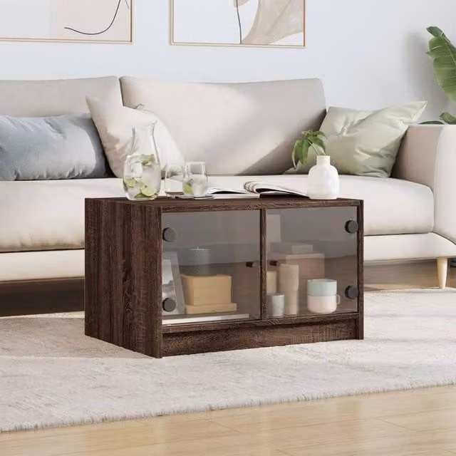 Berkfield Home Modern Coffee Table in Brown Oak with Glass Doors, W: 68 cm, D: 50 cm, H: 42 cm – 1