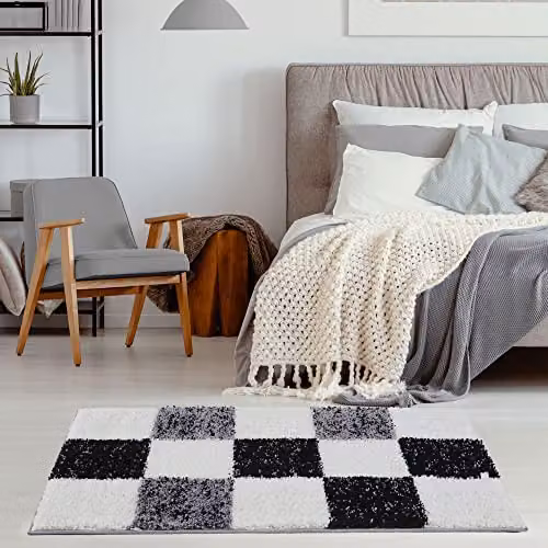 THE RUGS Modern Grey Checked High Pile Shaggy Area Rug, W/D: 110 x 60 cm – 4