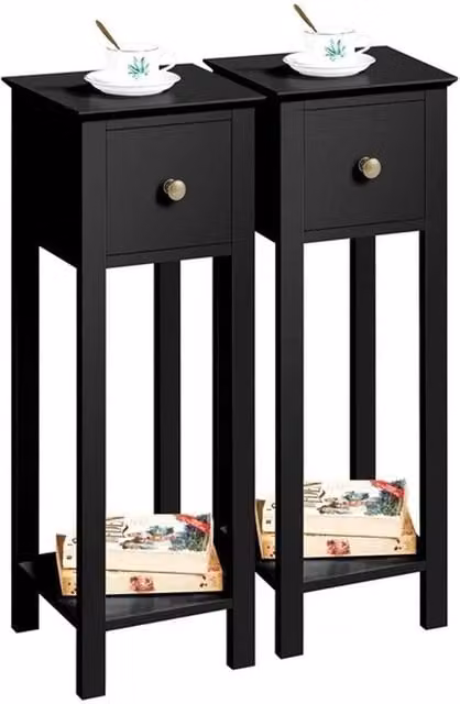 SPETLEK Slim Bedside Tables Set of 2 in Black Matt MDF and Metal